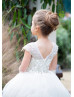 Cap Sleeves Gold Lace White Tulle V Back Flower Girl Dress